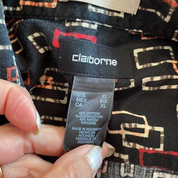 Claiborne black, orange, cream & red rectangle print short sleeved shirt - Picture 7 of 8